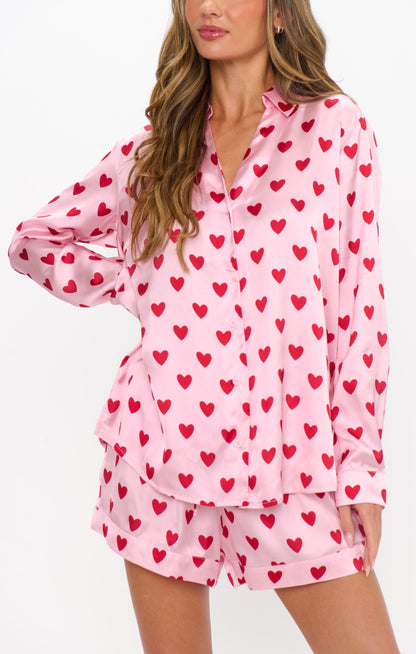 Early Riser PJ Set ~ Pink Queen Of Hearts Silky