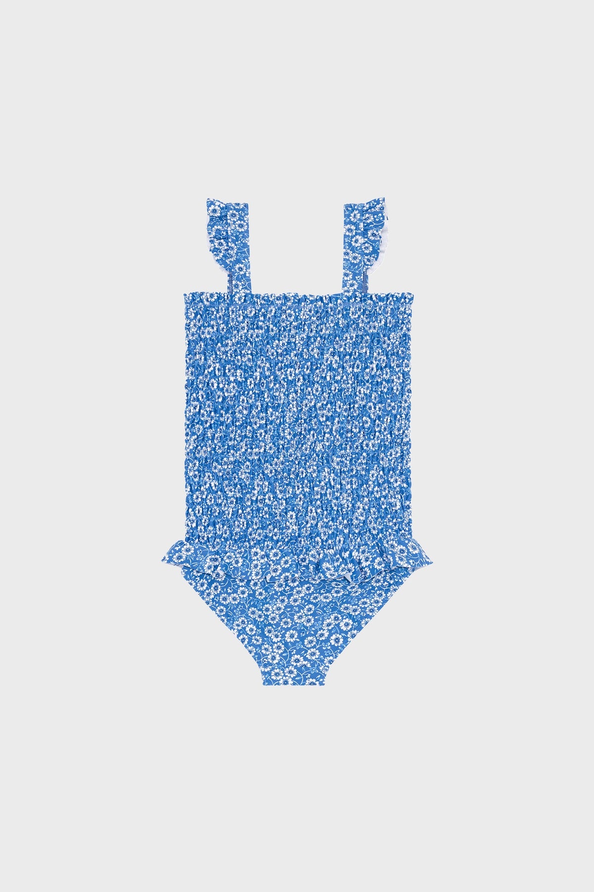 Blue Floral Smocked One Piece with Ruffle Skirt