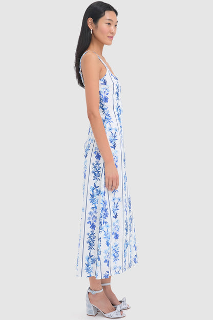 Blue Floral and Stripe Minnie Midi Dress