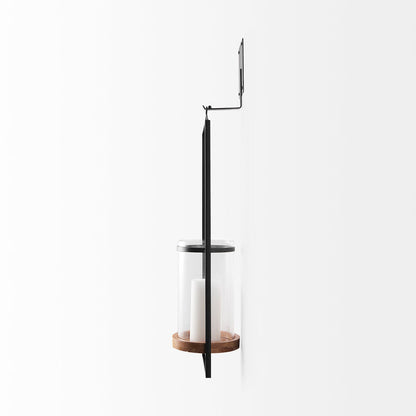 Avram 5.9L x 7.1W x 24.0H Black Metal Frame and Wood Hanging Candle Holder