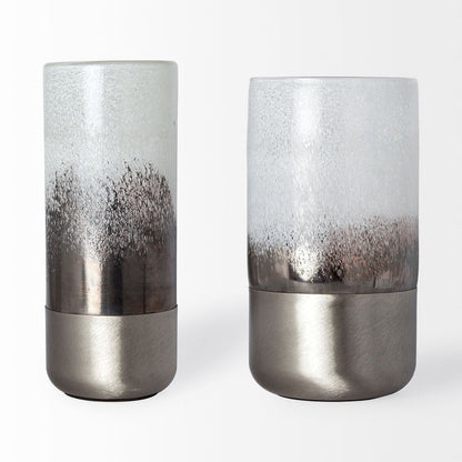 Baltic I Tall White Brushed Silver Metal Bottom Glass Vase