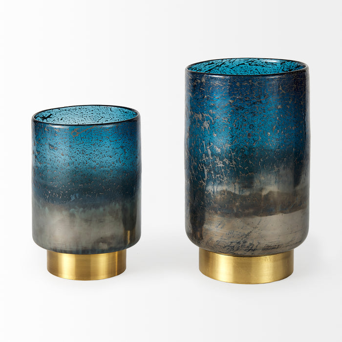 Caspian II Short Blue Glass Antiqued Brass Bottom Vase