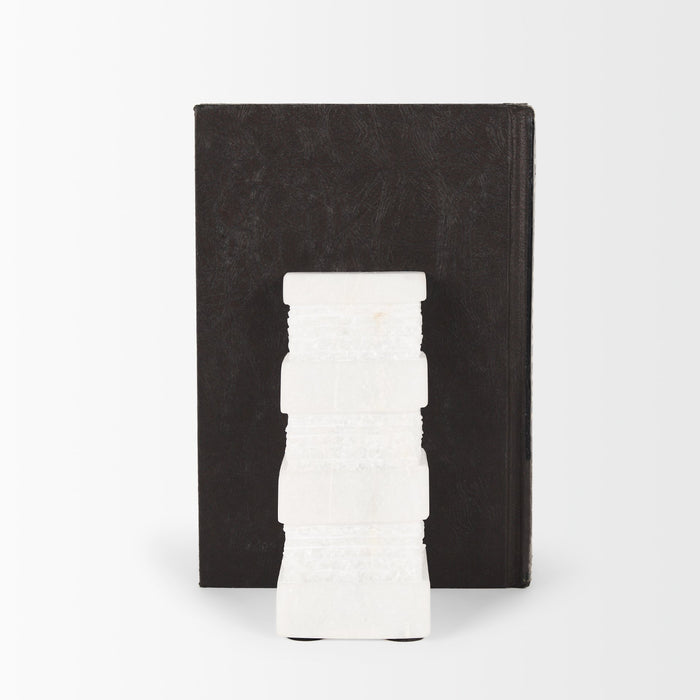 Cavetto White Marble Bookends w/rough carving S/2