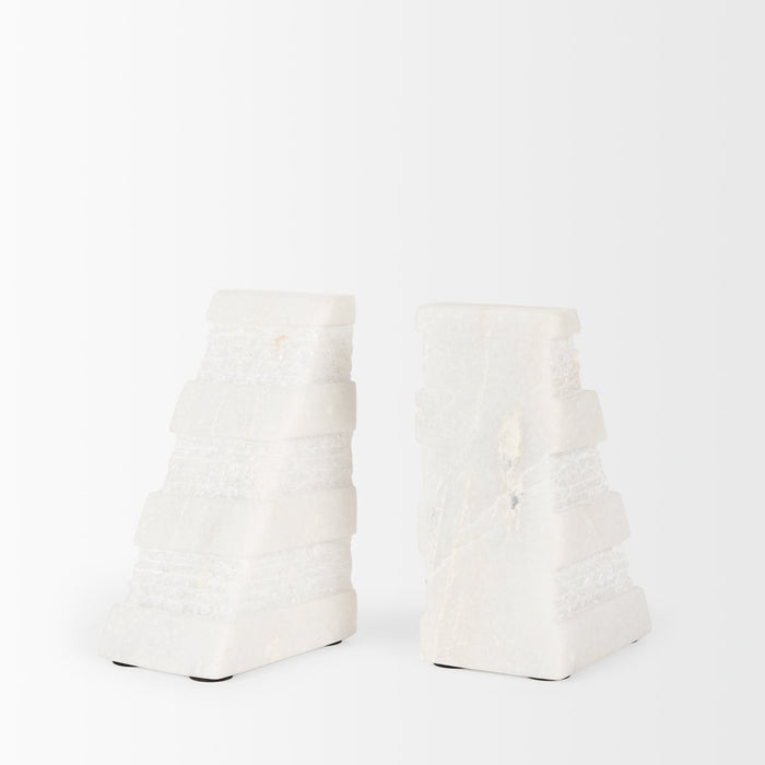 Cavetto White Marble Bookends w/rough carving S/2