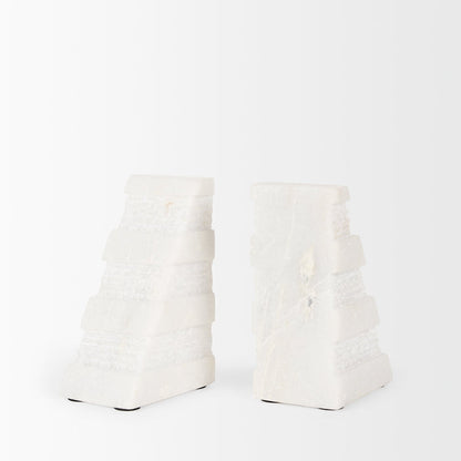 Cavetto White Marble Bookends w/rough carving S/2