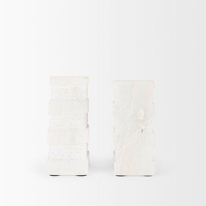 Cavetto White Marble Bookends w/rough carving S/2