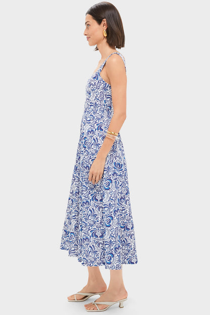 Blue Linen Floral Open Back Lawson Bustier Maxi Dress
