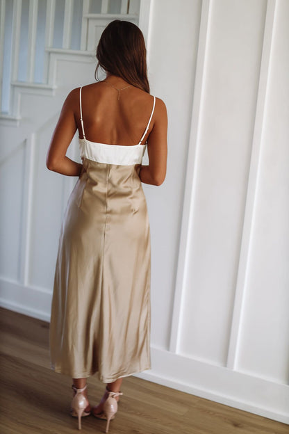 Fashionably On Time Satin Midi Dress -  Ivory and Taupe