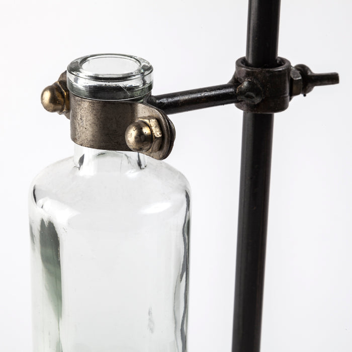 Jarvis Set of Five Dark Brown Metal and Glass Chemistry Inspired Bottles