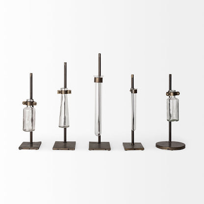 Jarvis Set of Five Dark Brown Metal and Glass Chemistry Inspired Bottles