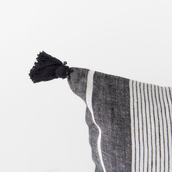 Kimia 14L x 26W White and Black Fabric Herringbone and Fringed Decorative Pillow Cover