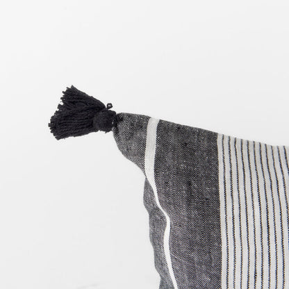 Kimia 14L x 26W White and Black Fabric Herringbone and Fringed Decorative Pillow Cover