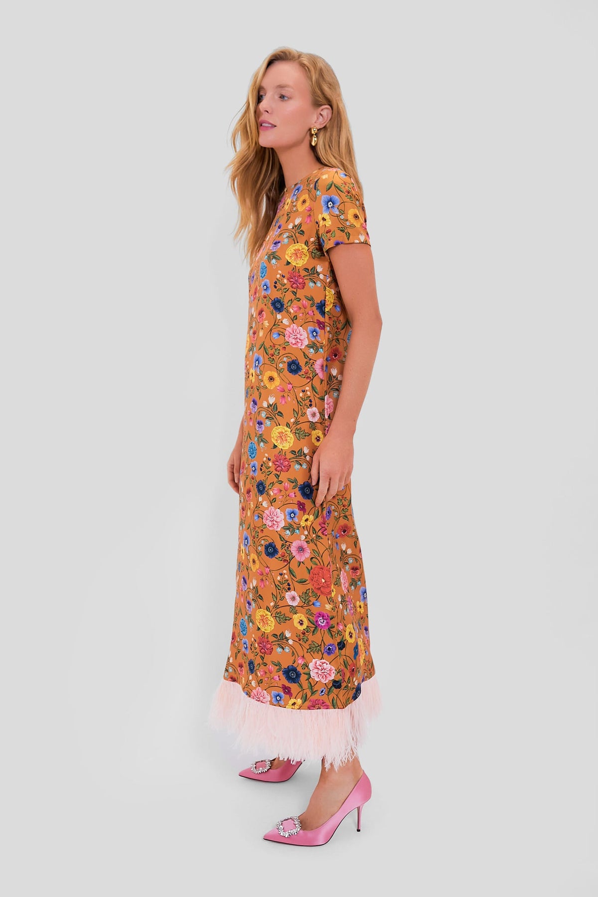 Botticelli Rust Short Sleeve Swing Dress with Feathers