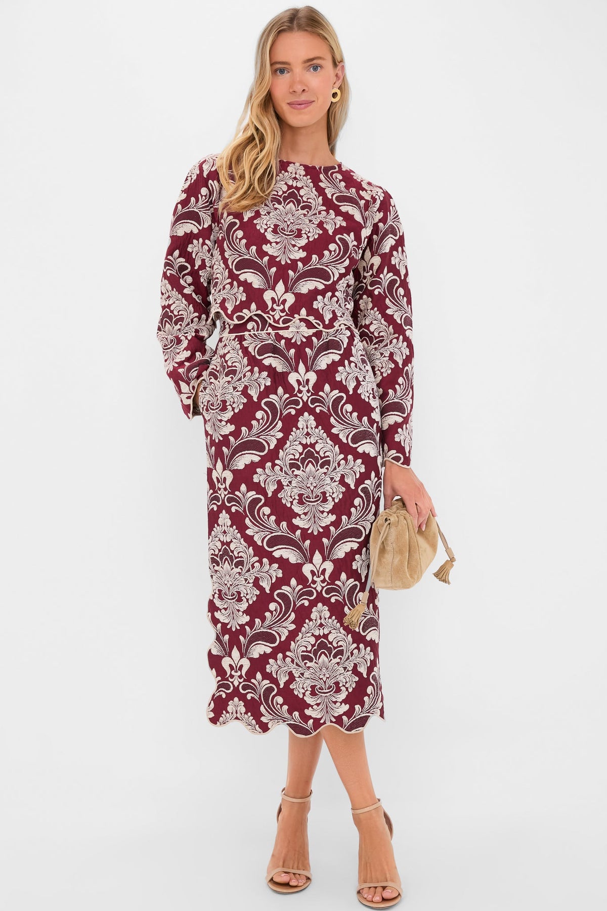 Blush Pink and Burgundy Bicolor Jacquard Waves Midi Skirt