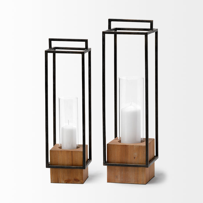 Orionis Large Wood w/ Black Metal Lantern Candle Holder