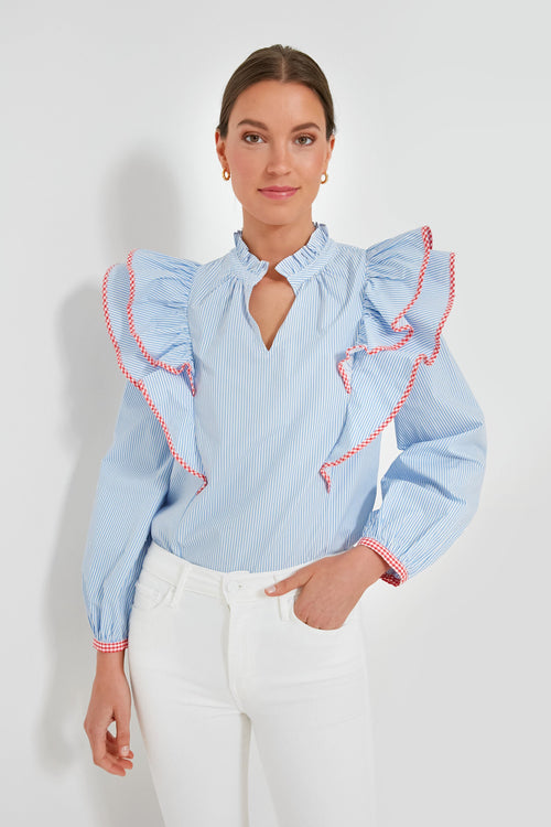 Blue Stripe Gingham Ruffle Holly Blouse
