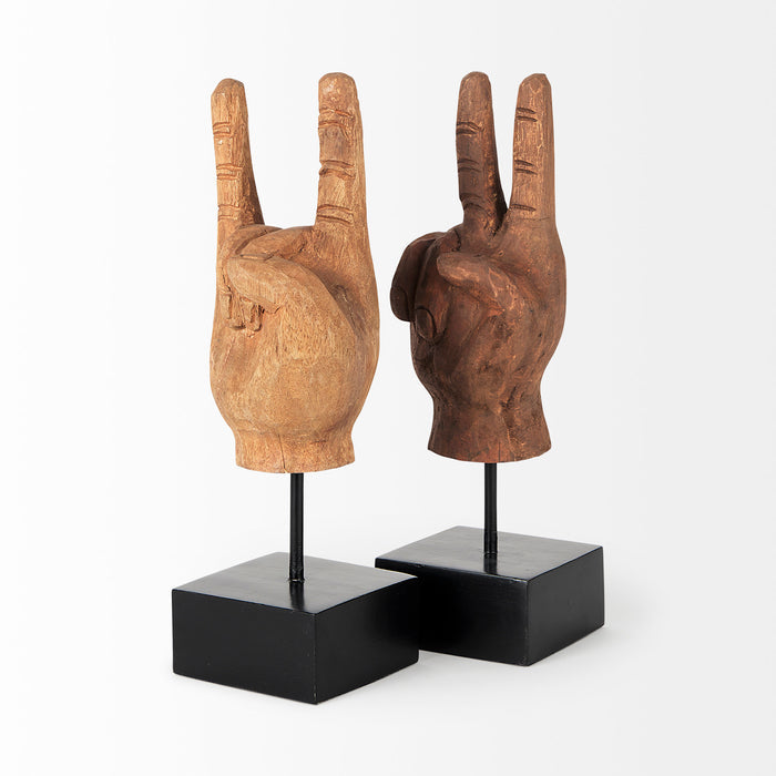 Pacem 4L x 4W Natural Wooden Carved Peace Sign Hand