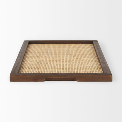 Silas Cane and Medium Brown Wood Rectangular Tray