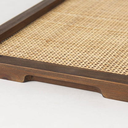 Silas Cane and Medium Brown Wood Rectangular Tray