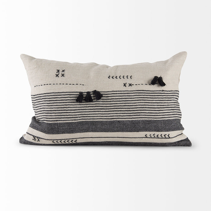 Thalia 13L x 21W Black and Beige Fabric Striped and Fringed Decorative Pillow Cover