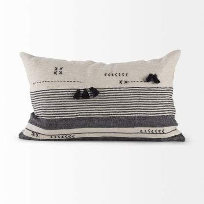 Thalia 13L x 21W Black and Beige Fabric Striped and Fringed Decorative Pillow Cover