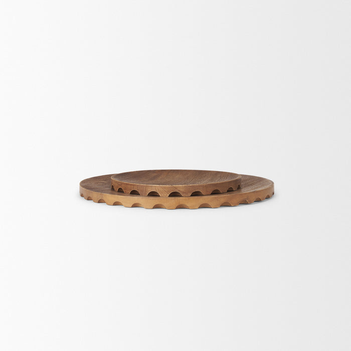 Waverly Round Light Brown Wood Scalloped Edged Trays