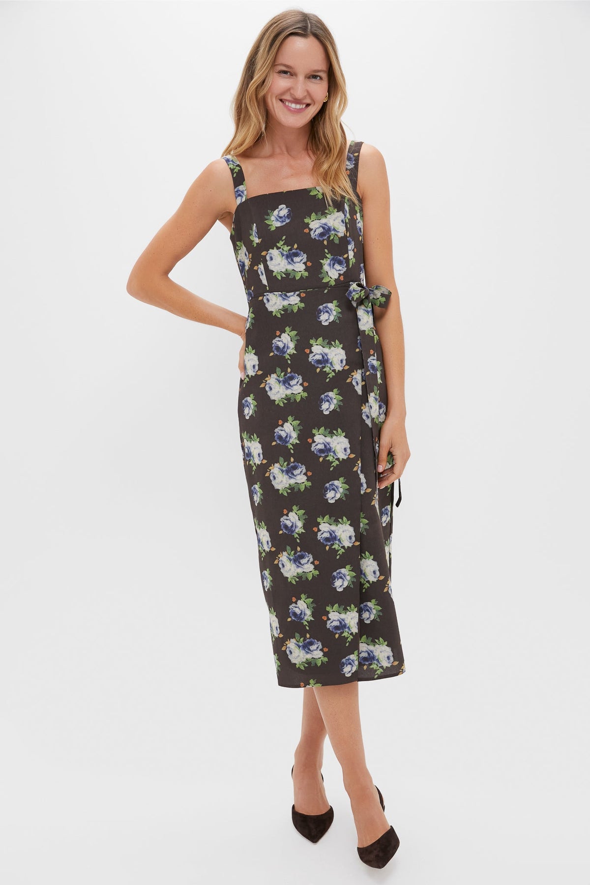 Brown & Blue Floral Wrap Tasha Midi Dress